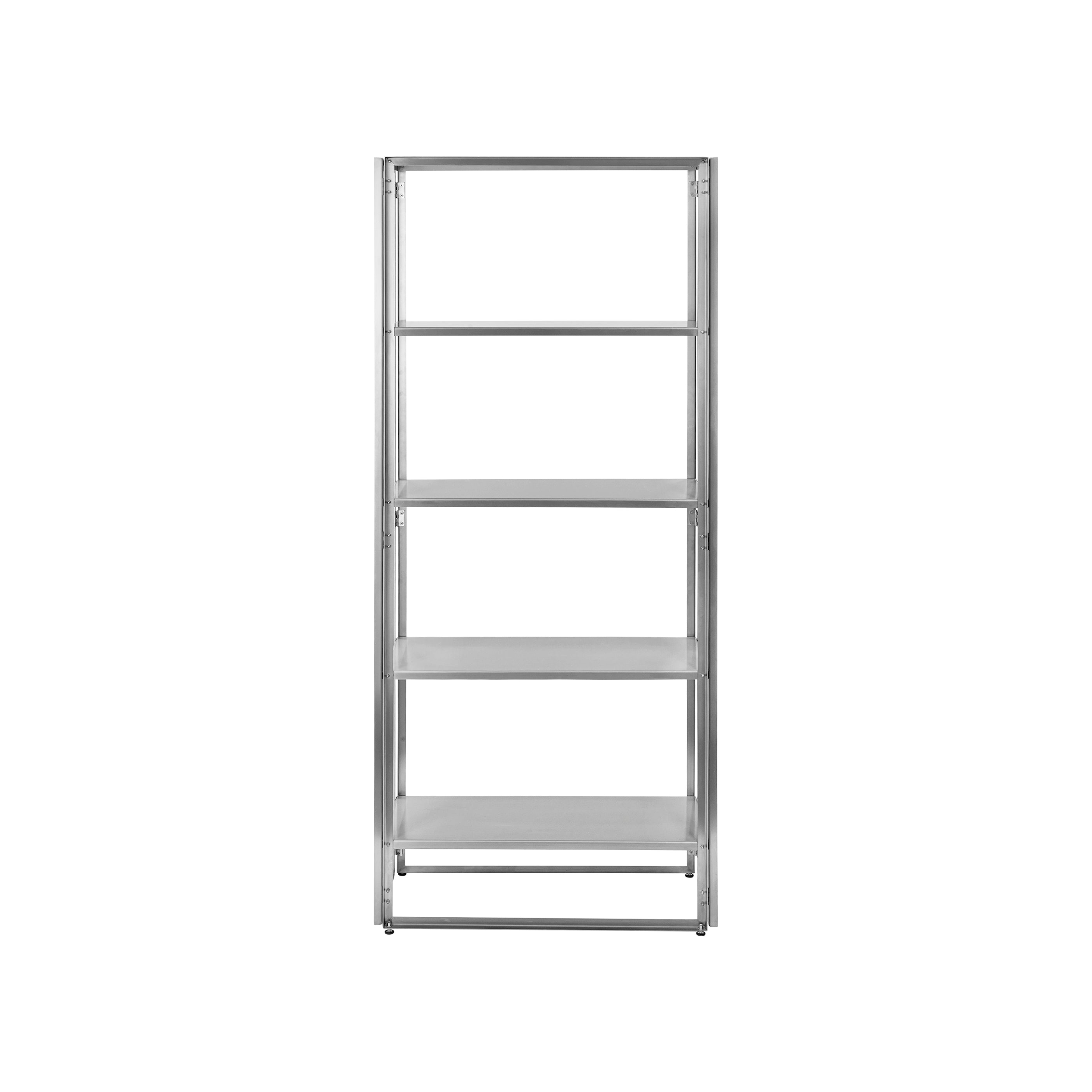 Front view of a five-tier stainless steel foldable shelf, showcasing its symmetrical design, clean lines, and functional structure.