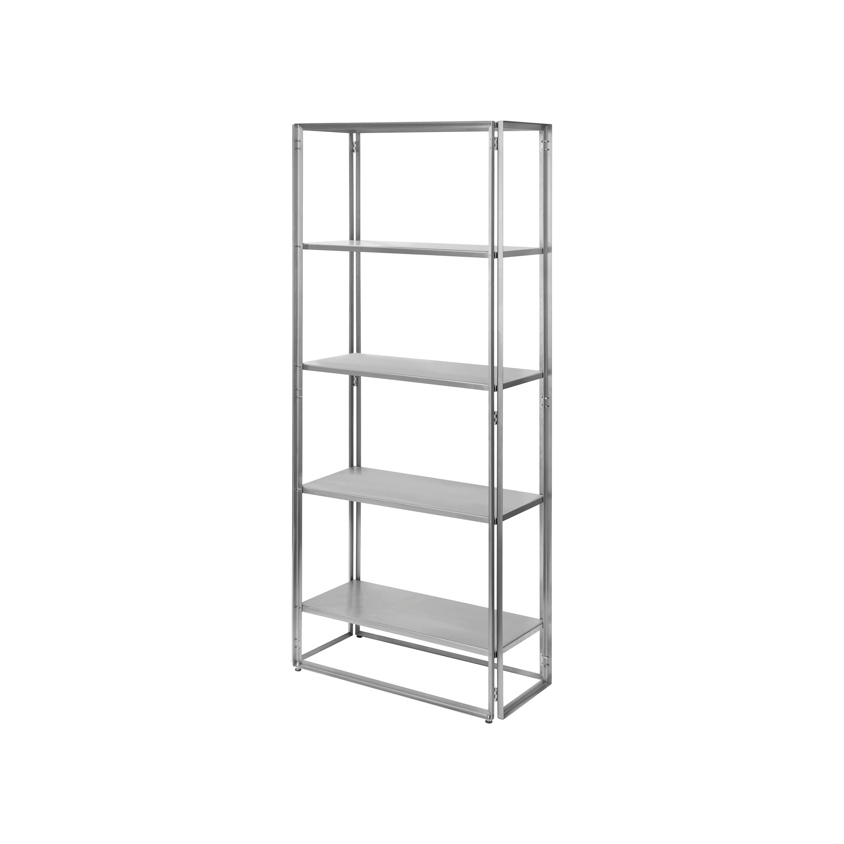 Stainless steel foldable shelf with five tiers, shown at a slight angle, emphasizing its minimalist and industrial aesthetic.