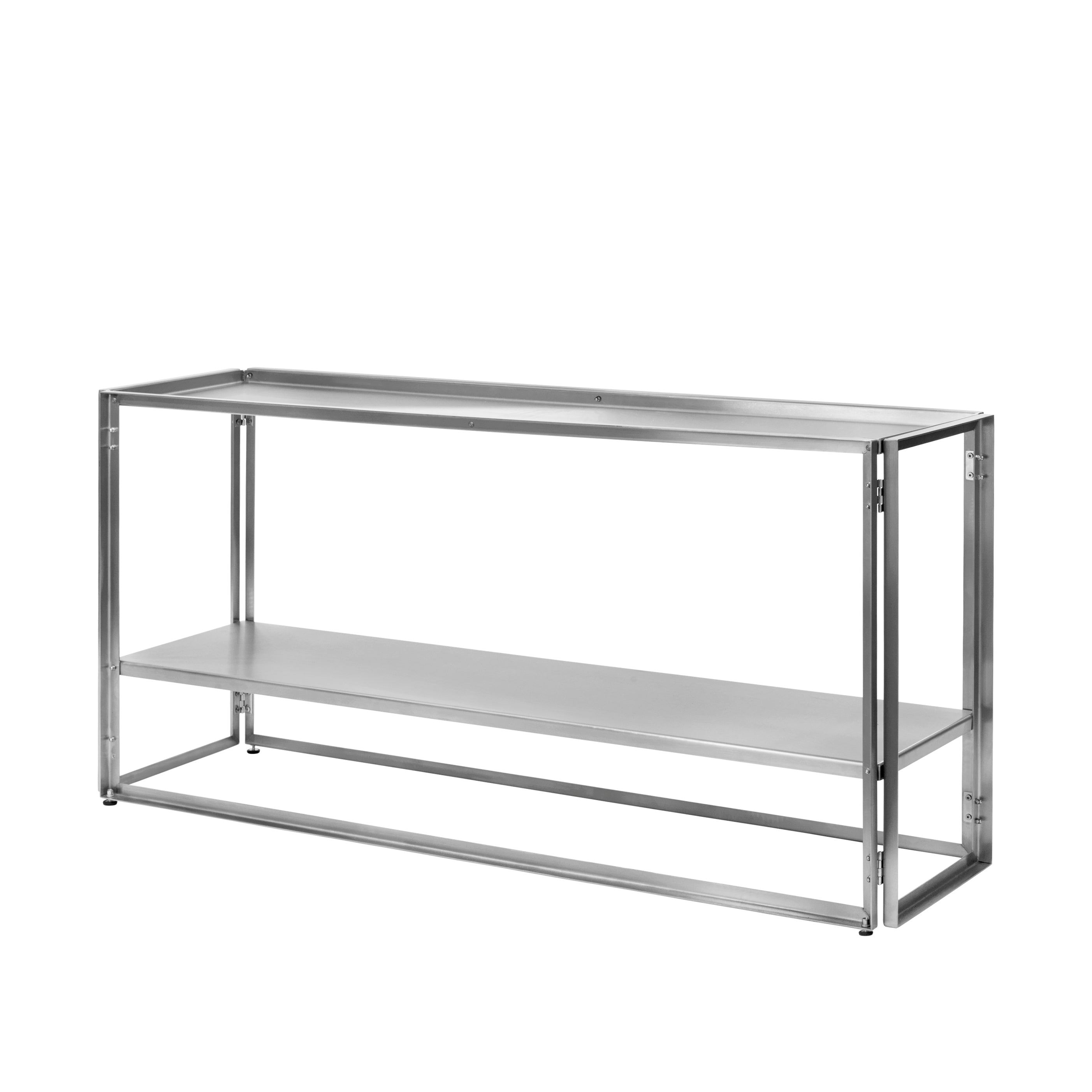 Stainless steel foldable console table with two tiers, shown at a slight angle, emphasizing its sleek, minimalist, and industrial design.