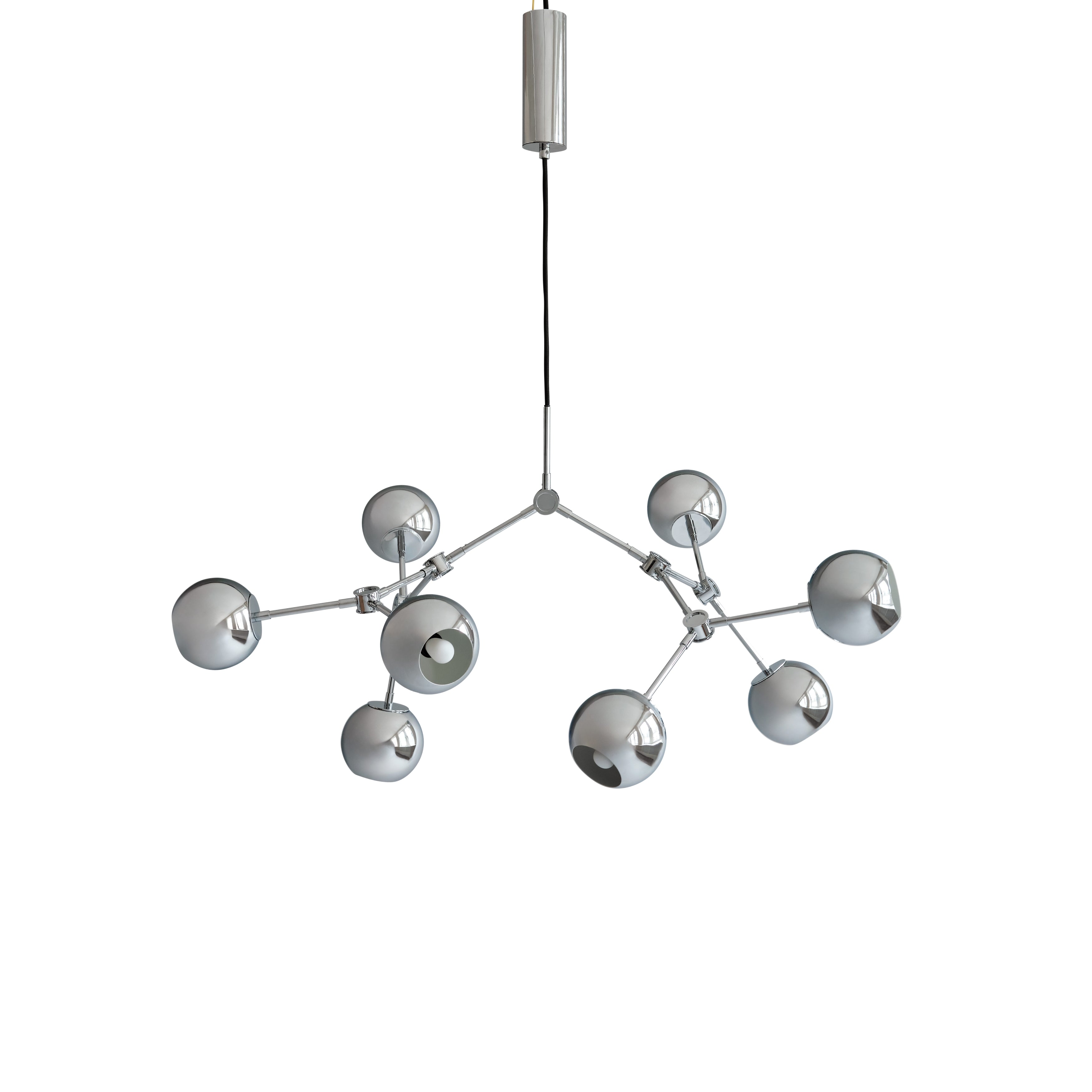 Chrome Drop Chandelier Globe with multiple reflective metal lampshades and adjustable arms, isolated on a white background.