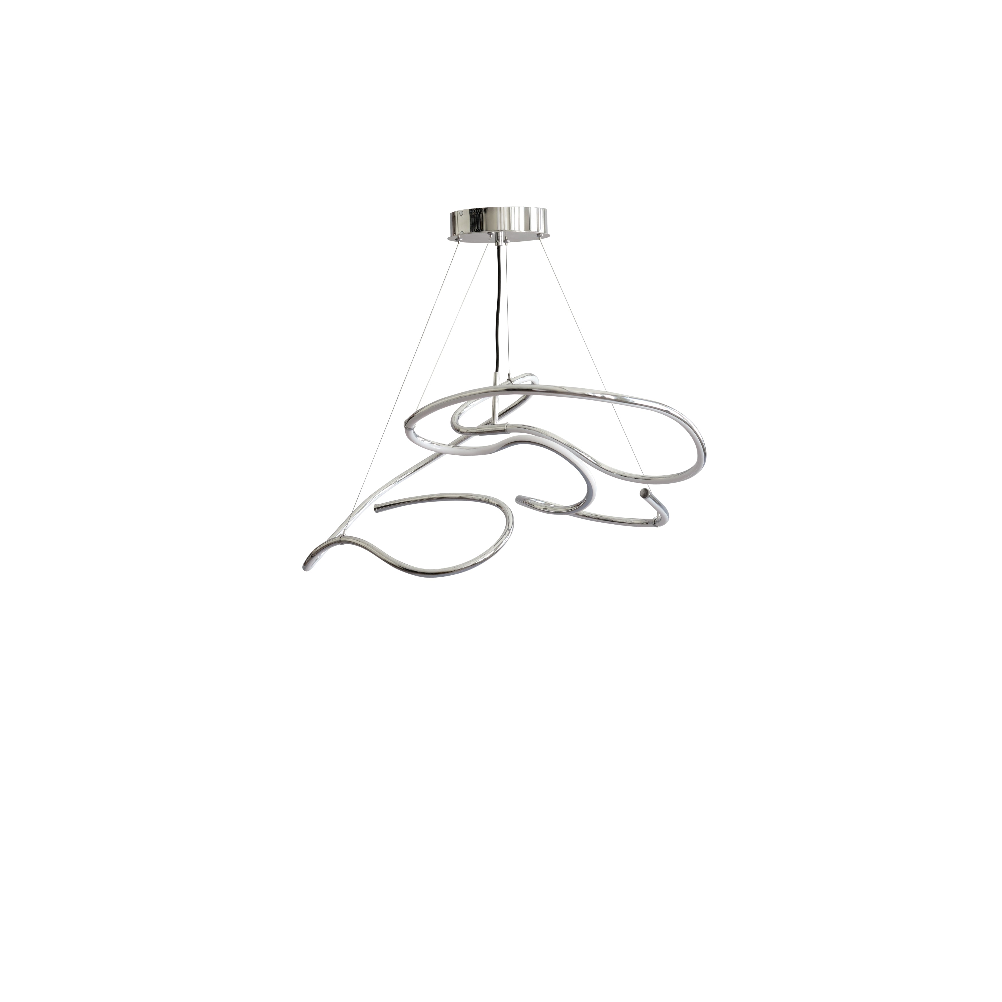 Ghost Chandelier Mini in chrome finish, with radiant white acrylic tubes forming organic loops, suspended by stainless-steel wires against a white background.