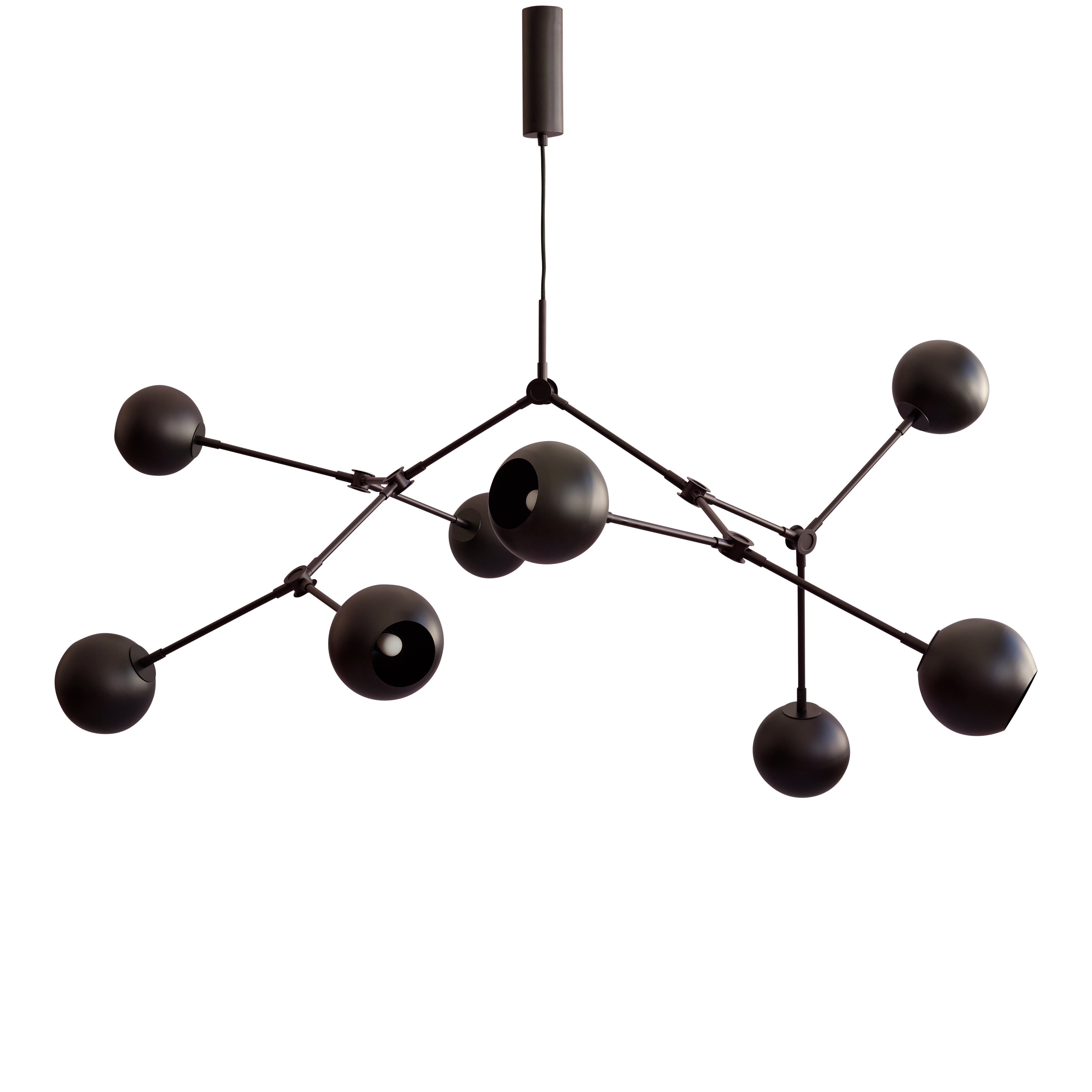 Burned Black Drop Chandelier Globe, Alternate Angle (Image 10):
"Alternate angle of a Drop Chandelier Globe in burned black finish, showing the spherical matte lampshades and dynamic arm configurations, isolated on a white background.