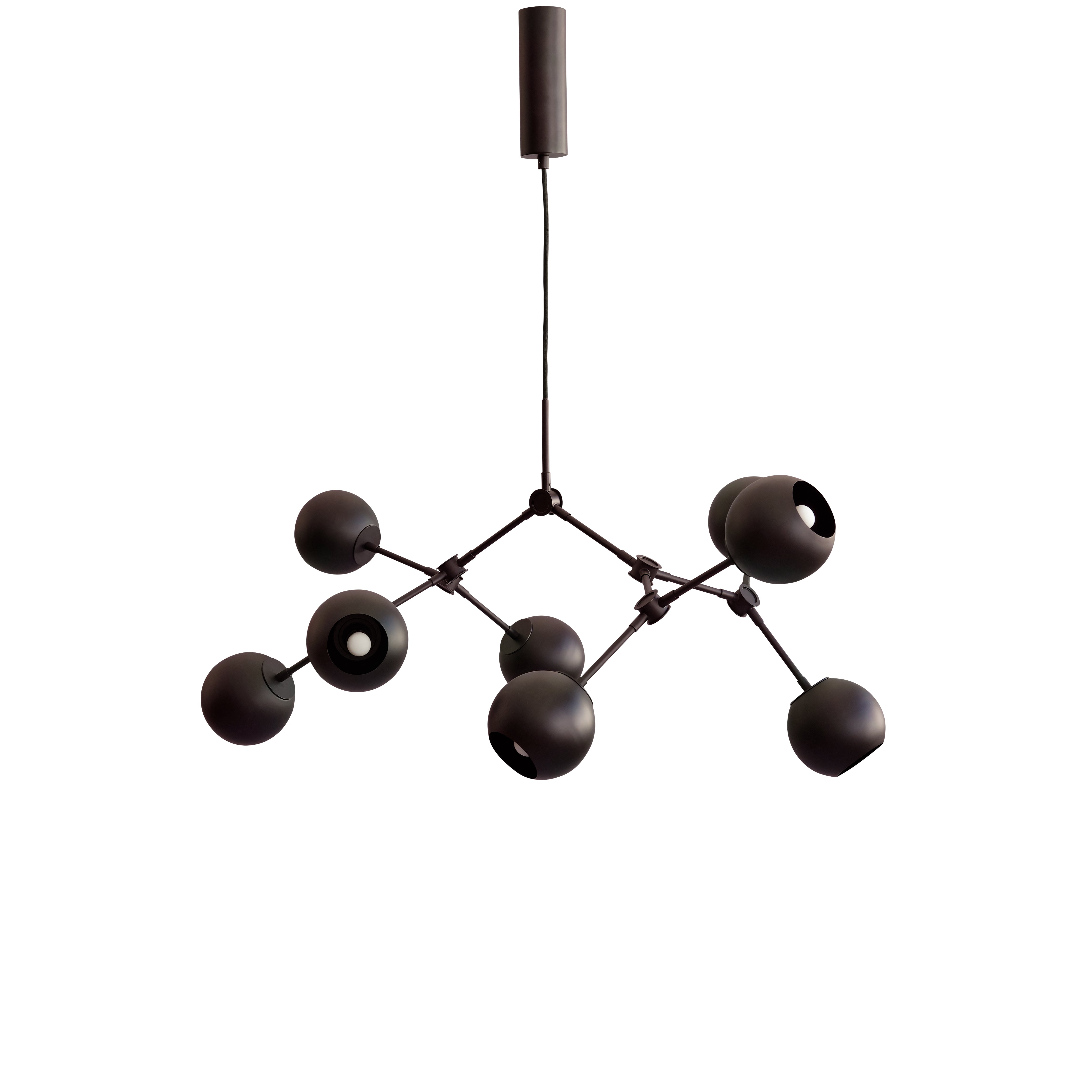 Drop Chandelier Globe in a burned black finish, featuring matte black metal lampshades and adjustable arms, isolated on a white background.