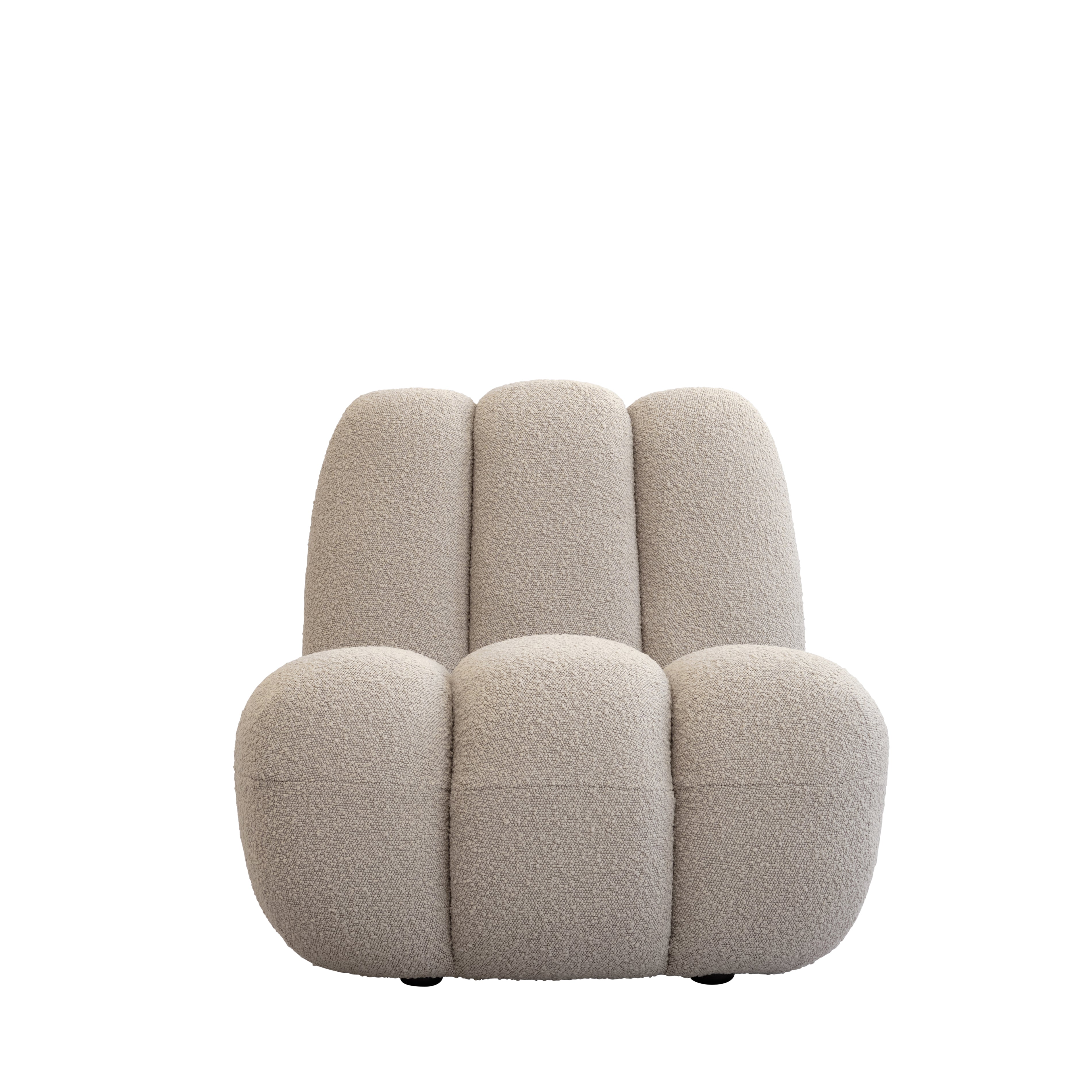 Front view of the Toe Chair in Smoked Sand boucle, highlighting its thick, rounded seat and modern sculptural form.