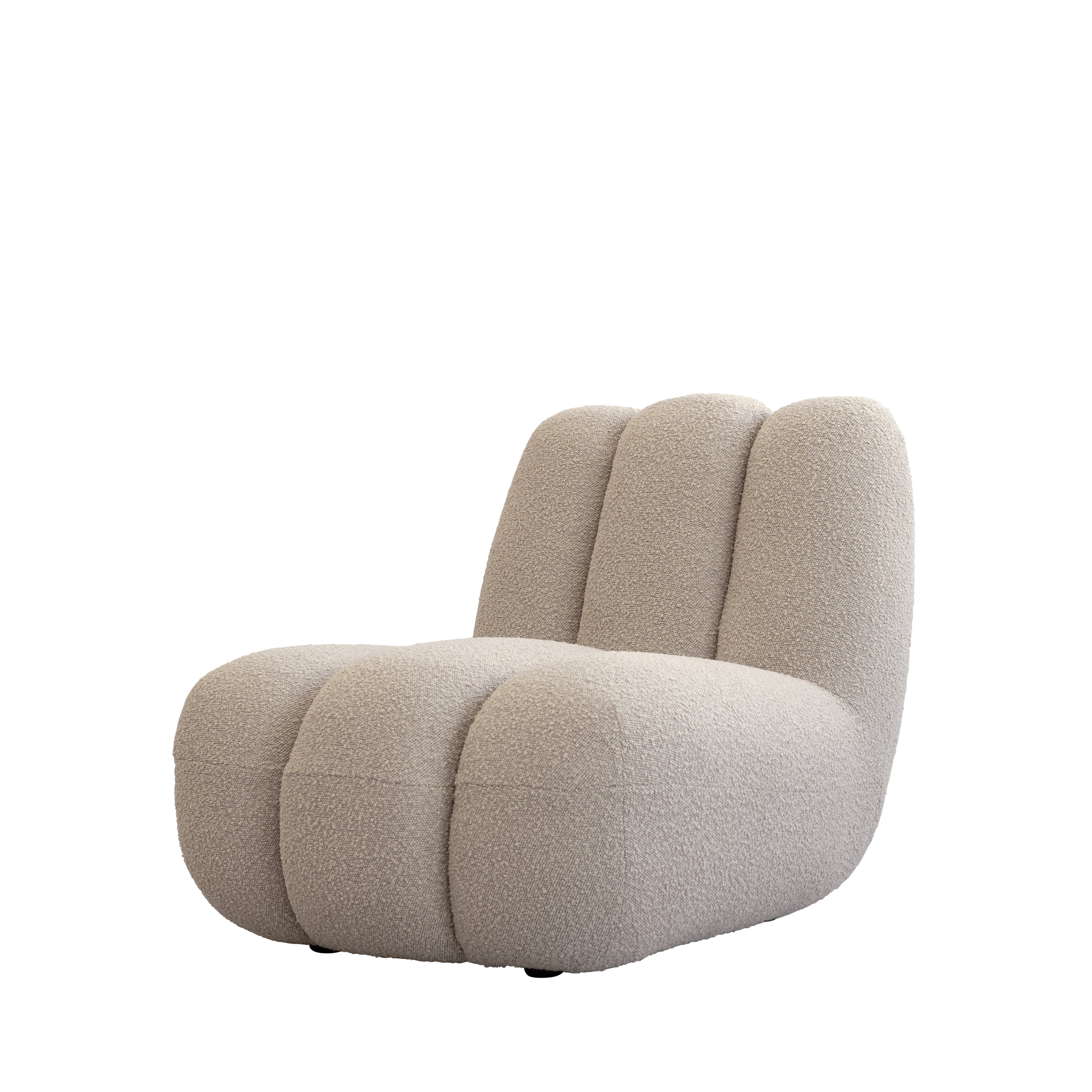 Three-quarter view of the Toe Chair in smoked sand boucle, highlighting its voluminous and modern form.