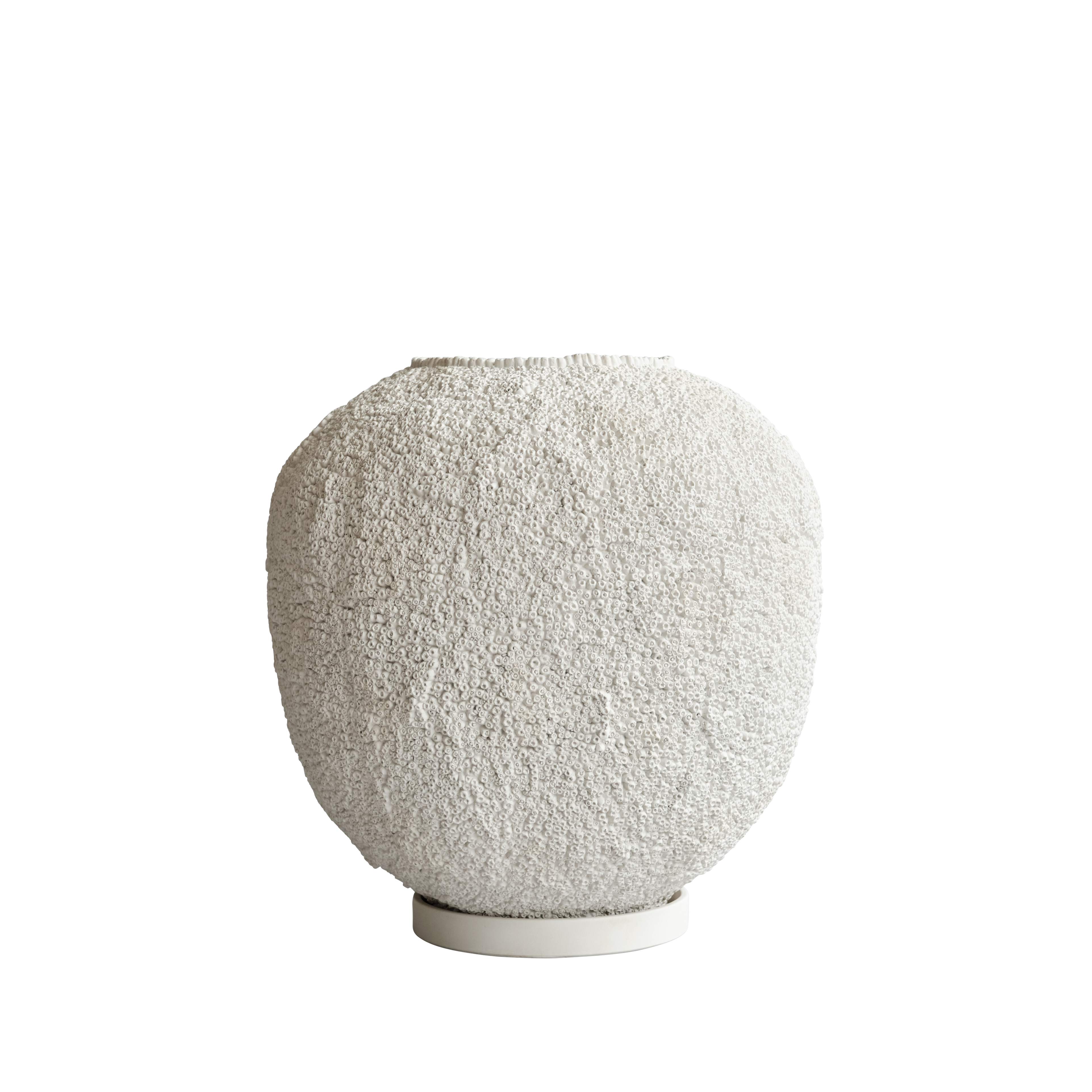 Sunao Vase, Big in Beehive finish, displaying an intricate, coral-like textured surface in off-white against a black background.