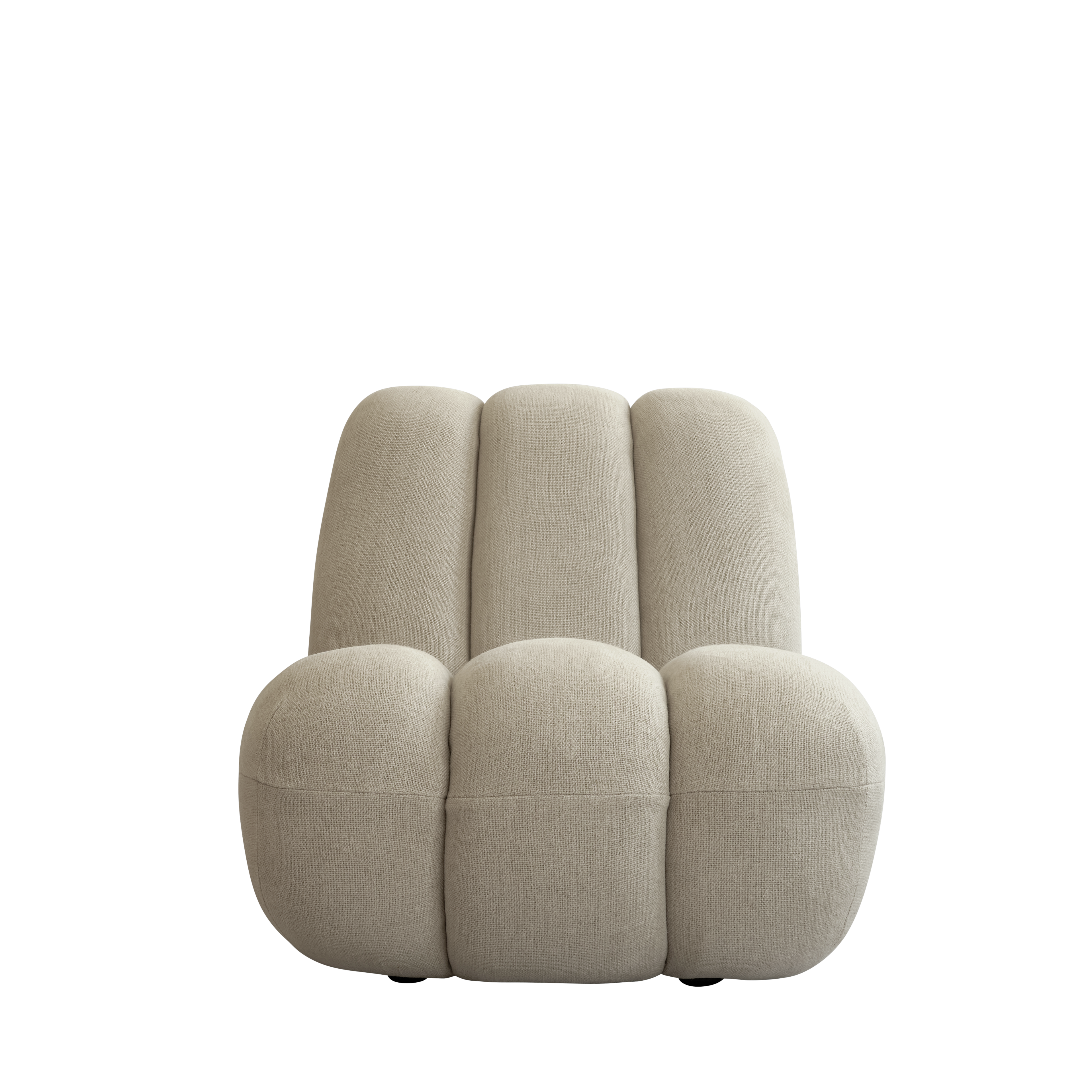 Front view of the Toe Chair in Linen Sand, displaying its symmetrical design and three fluted segments, set against a black background.