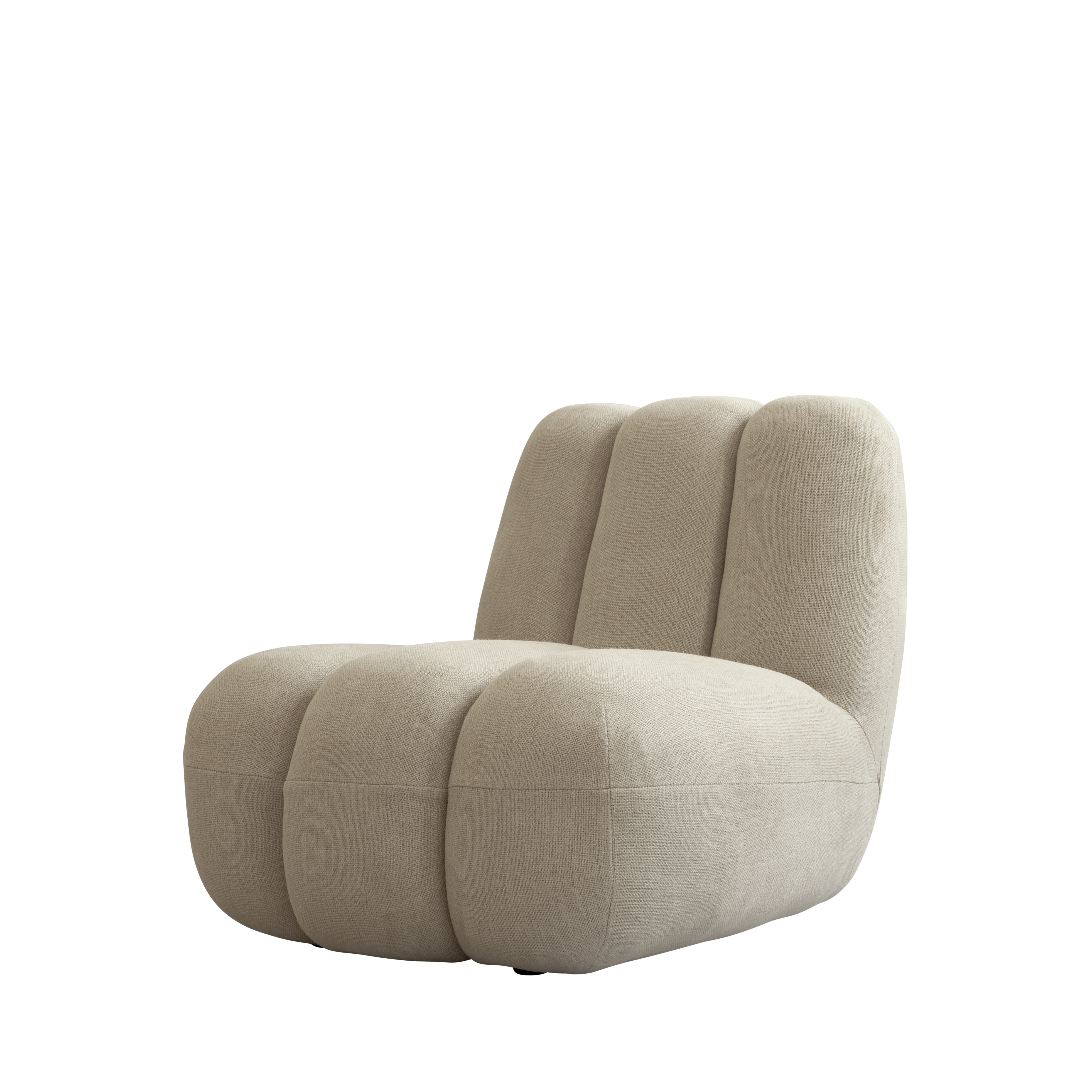 Three-quarter angle of the Toe Chair in Linen Sand, emphasizing its voluminous, fluted design and inviting texture, set against a black background.