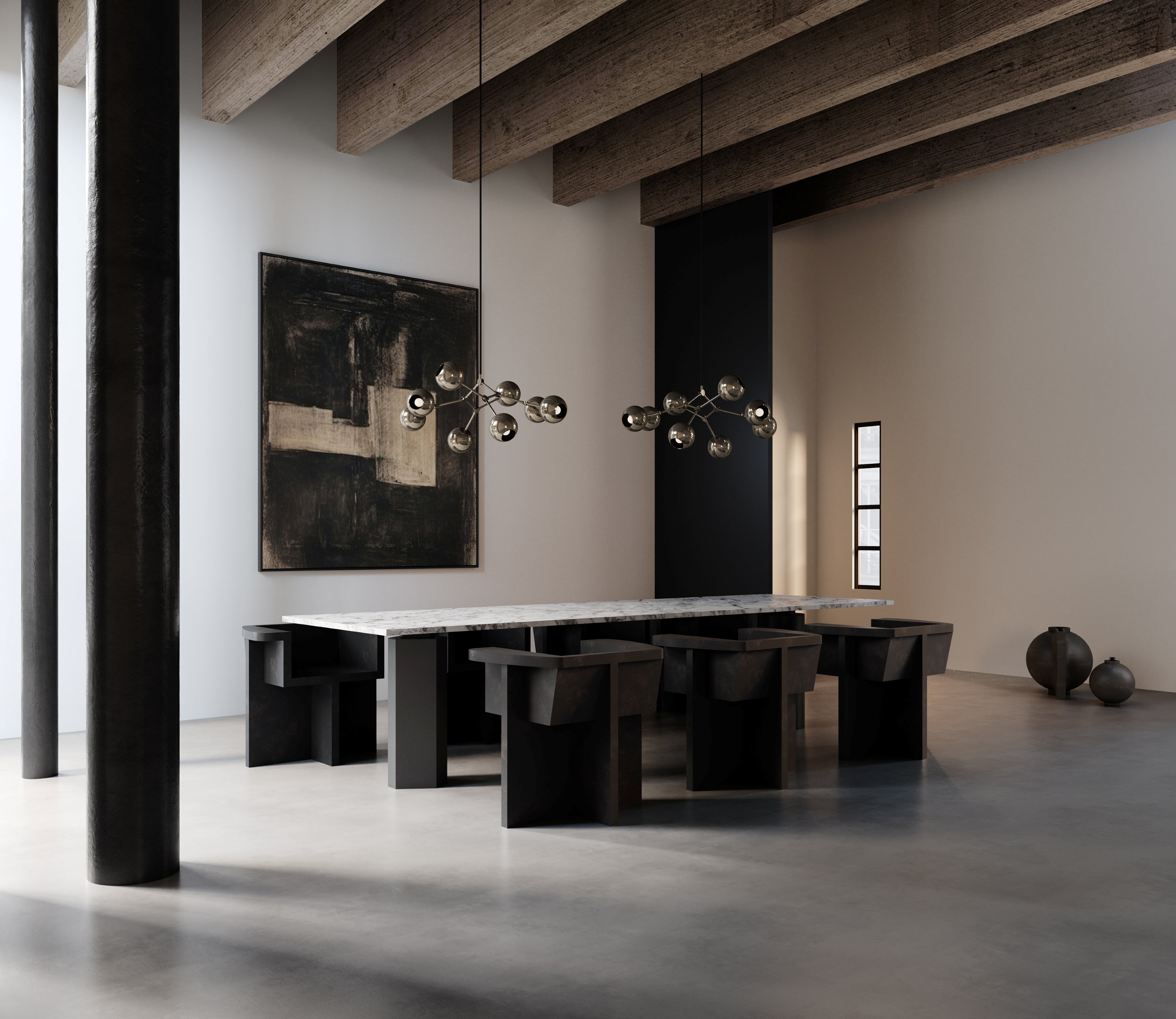 Modern dining room featuring two chrome Drop Chandelier Globes above a marble dining table with black chairs, set against a backdrop of textured walls and exposed wooden beams.