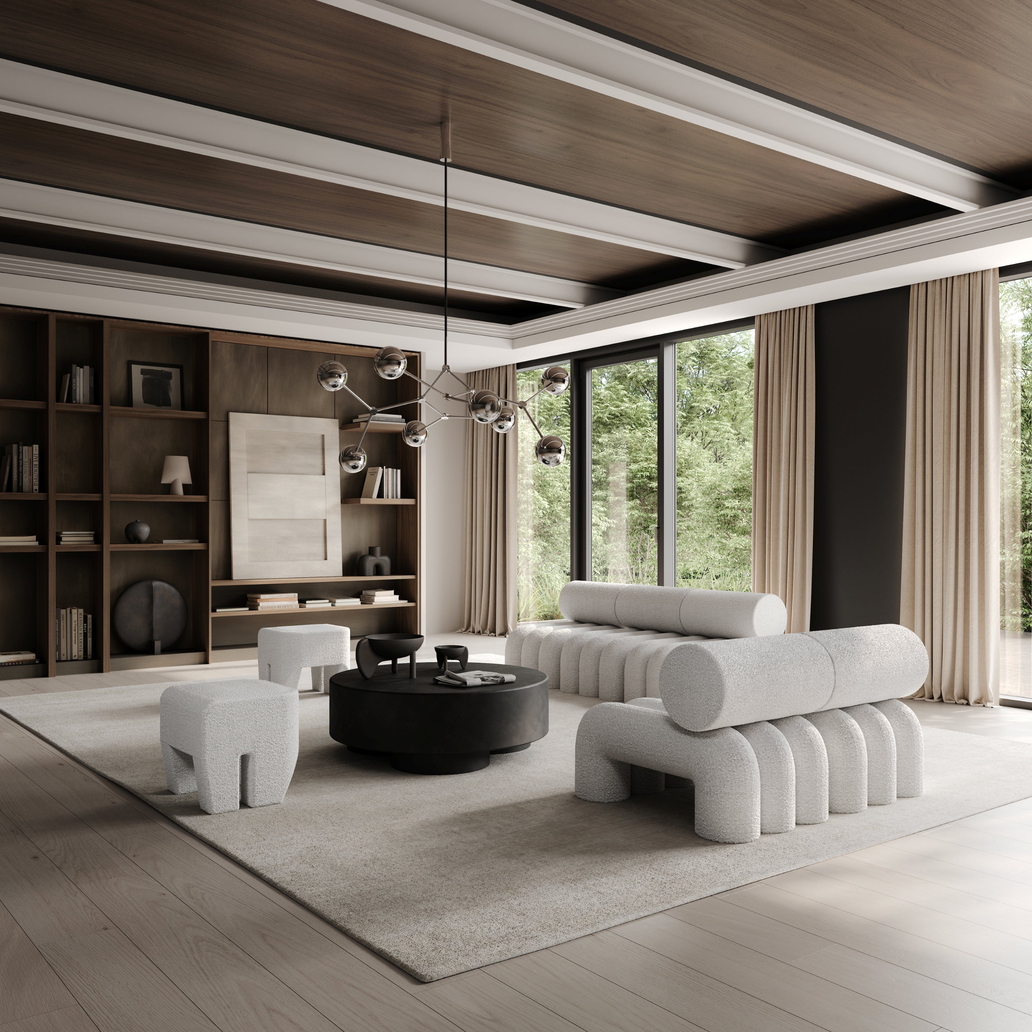 Elegant living room with a chrome Drop Chandelier Globe, light gray sofas, black round coffee table, and built-in wooden bookshelves, creating a refined, modern space.