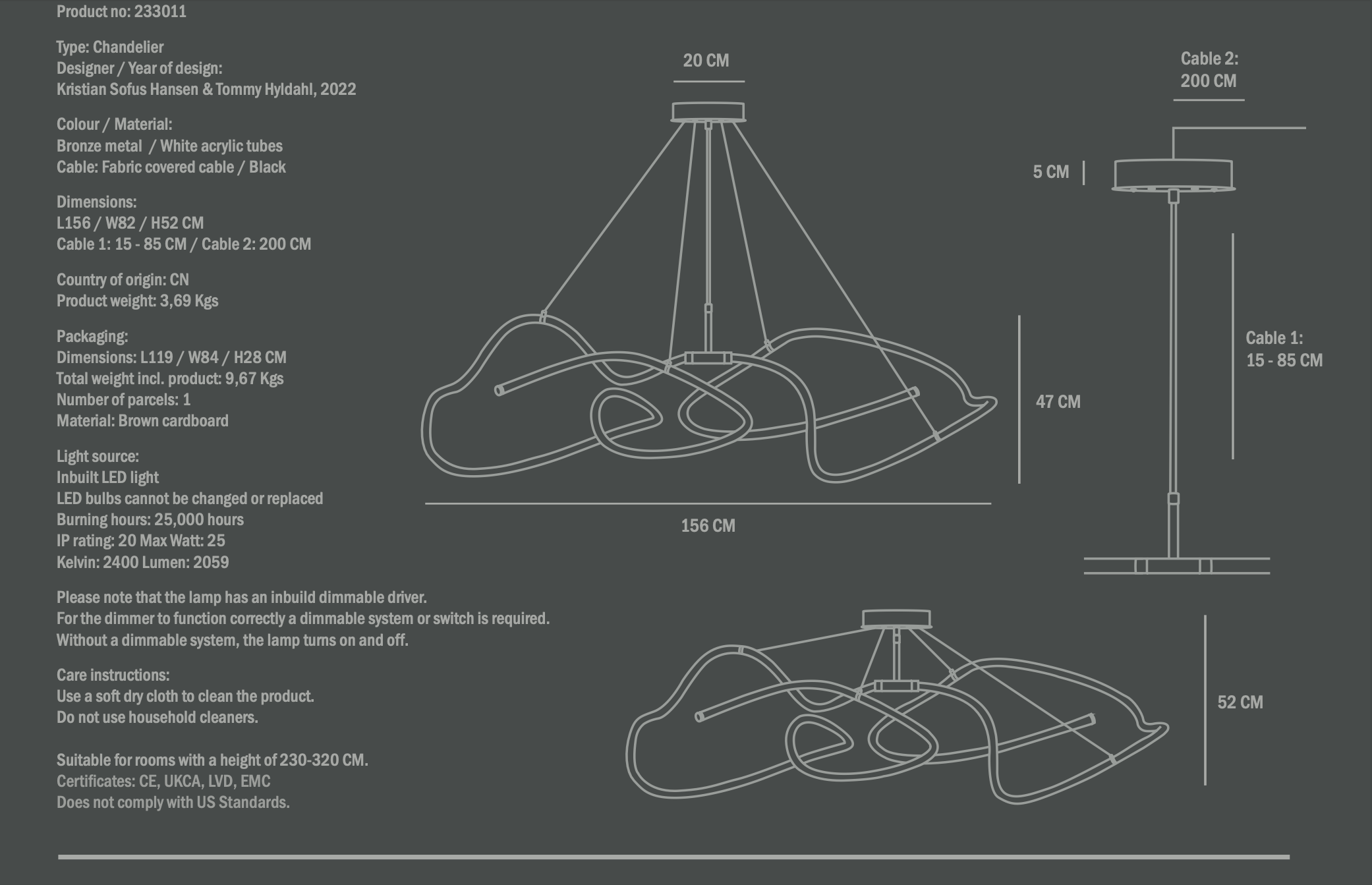 Blueprint of the Ghost Chandelier big, showcasing technical details, dimensions, and the layout of its curved metal tubes and suspended structure. Includes labeled measurements and design specifications for accurate visualization and installation.